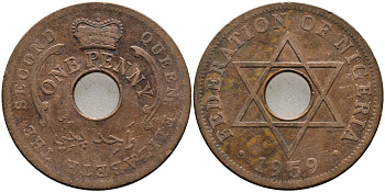 Нигерия 1 пенни 1959 Елизавета II (1952-), Британский протекторат KM 2 бронза 51-244