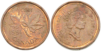 Канада 1 цент 1991 Елизавета II (1952-2022), кленовый лист KM 181 бронза 218-1049