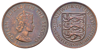 Джерси 1/12 шиллинга 1957 Елизавета II (1952-2022) KM 21 бронза 4634-346