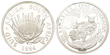ЮАР 1 ранд 1994 100 лет первому игровому парку в Южной Африке, тираж 4.706 экземпляров KM 167 серебро PROOF 1091-6-21