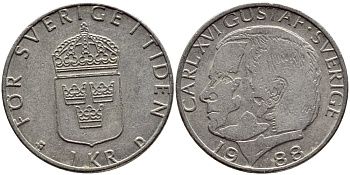 Швеция 1 крона 1988 Карл XVI Густав (1973- ) KM 852a медно-никель 4397-1223