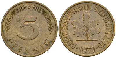 ФРГ 5 пфеннигов 1977 D KM 107, J.382 сталь плакированная латунью 4115-944