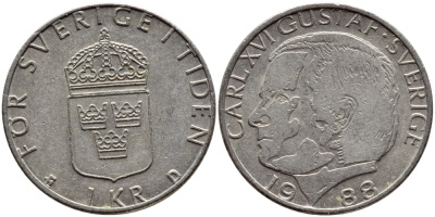 Швеция 1 крона 1988 Карл XVI Густав (1973- ) KM 852a медно-никель 4397-1223