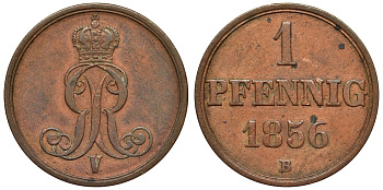 Ганновер 1 пфенниг 1856 B, Георг V KM 221, AKS 155, J. 83 медь 4594-264