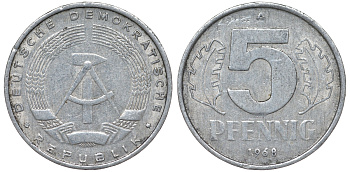 ГДР 5 ПФЕННИГОВ 1968 A KM 9.1 алюминий 62-216
