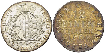 САКСОНИЯ 1/12 ТАЛЕРА 1800 IEC, ФРИДРИХ АВГУСТ III (1763-1806) KM 956 (C100) серебро 210-225