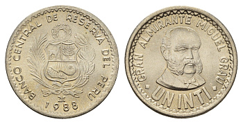 Перу 1 инти 1988 LIMA, Мигель Грау KM 296 медно-никель UNC 3334-535