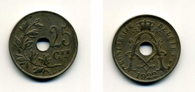 Бельгия 25 сантимов 1922 Belgie, Альберт I (1909-1934) KM 69 медно-никель 41-653