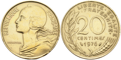 Франция 20 сантимов 1976 тип Marianne KM 930 медь алюминий никель    4177-116
