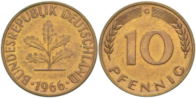 ФРГ 10 ПФЕННИГОВ 1966 G KM 108, J. 383 сталь плакированная латунью 219-426