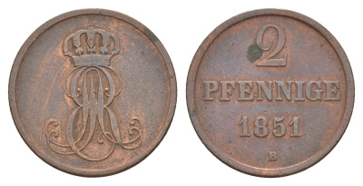 Ганновер 2 пфеннига 1851 B, Эрнст Август I (1837-1851) KM 202.1, AKS 124, J. 75 медь 4657-725