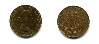 Великобритания 1/2 пенни 1954 Елизавета II (1952-2022) KM 896, Spink 4158 бронза 83-1654