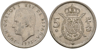 Испания 5 песет 1975 (79) Хуан Карлос I (1975-2014) KM 807 медно-никель 190-1126