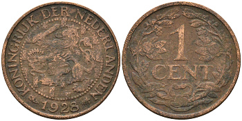 Нидерланды 1 цент 1928 Вильгельмина (1890-1948) KM 152 бронза    4169-249