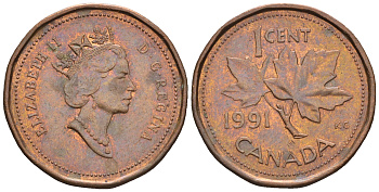 Канада 1 цент 1991 Елизавета II (1952-2022), кленовый лист KM 181 бронза 4609-232