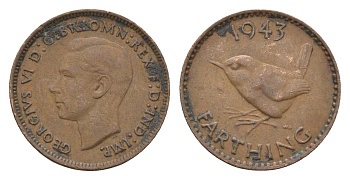 Великобритания 1 фартинг 1943 Георг VI (1936-1952) KM 843, Spink 4116 бронза 4664-343
