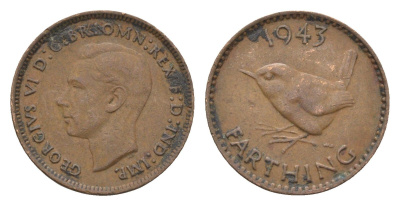 Великобритания 1 фартинг 1943 Георг VI (1936-1952) KM 843, Spink 4116 бронза 4664-343