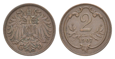 Австрия 2 геллера 1907 Франц Иосиф I (1848-1916) KM 2801 бронза 4639-1023