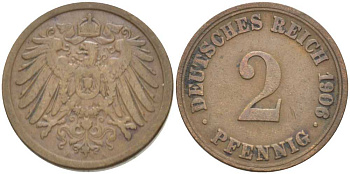 ГЕРМАНИЯ 2 ПФЕННИГА 1906 A KM 16, J. 11, Weege 4 медь 211-511