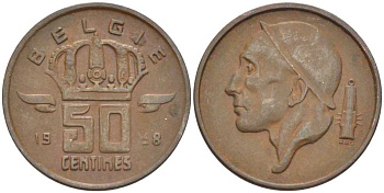БЕЛЬГИЯ 50 САНТИМОВ 1958 BELGIE KM 149.1 бронза 4396-238