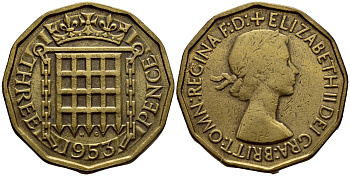 Великобритания 3 пенса 1953 Елизавета II (1952-2022) KM 886, Spink 4152 никель латунь 51-112
