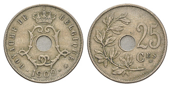 Бельгия 25 сантимов 1909 Belgique, Леопольд I (1865-1909) KM 62 медно-никель 4156-451