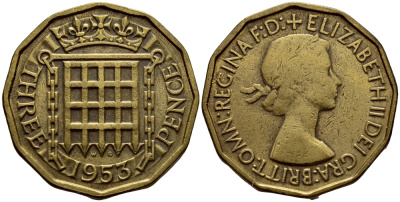 Великобритания 3 пенса 1953 Елизавета II (1952-2022) KM 886, Spink 4152 никель латунь 51-112