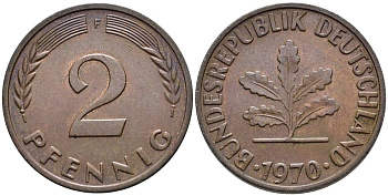 ФРГ 2 ПФЕННИГА 1970 F KM 106a, Jager 381a сталь плакированная сталь плакированная медьюю 4546-1011