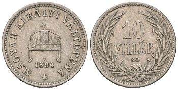 Венгрия 10 филлеров 1894 KB, Франц Иосиф I (1848-1916) KM 482 никель 192-251