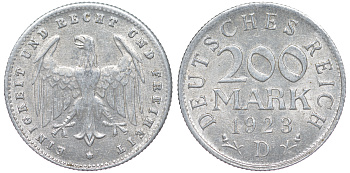 Германия 200 марок 1923 D KM 35, J. 304, Weege 22 алюминий 4604-556