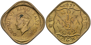 Британская Индия 1/2 анна 1942 Георг VI (1936-1952) KM 534b никель-латунь UNC 94-844