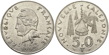 Французская Новая Каледония 50 франков 1992 хижина среди сосен и пальм, (IEOM) KM 13, Schoen 15, Lec 121 никель 111-614