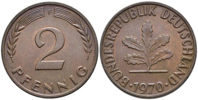 ФРГ 2 ПФЕННИГА 1970 F KM 106a, Jager 381a сталь плакированная сталь плакированная медьюю 4546-1011
