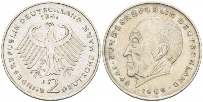 ФРГ 2 марки 1981 J, Конрад Аденауэр KM 124, J. 406 медно-никель плакированный никелем 3718-1032