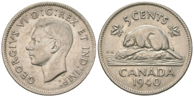 Канада 5 центов 1940 Георг VI (1936-1952), бобр KM 33 никель 4364-3042