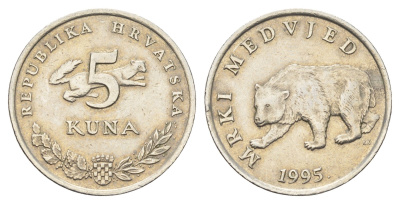 Хорватия 5 кун 1995 бурый медведь, нечетный год KM 11 медь цинк никель    4660-422