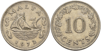 Мальта 10 центов 1972 баржа Великого магистра KM 11 медно-никель 82-545