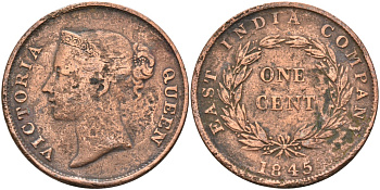 Стрейтс-Сетлментс 1 цент 1845 Виктория (1837-1901), Ост-Индская компания KM 3 медь 4590-131