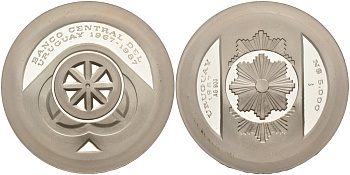 Уругвай 5000 песо 1987 20 лет Центральному банку (1967-1987), в коробке KM 91 серебро PROOF 3-4-3-44