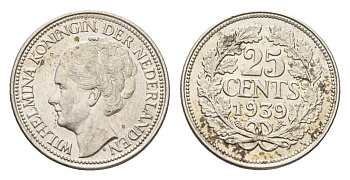 Нидерланды 25 центов 1939 Вильгельмина (1890-1948) KM 164 серебро aUNC 44-1152