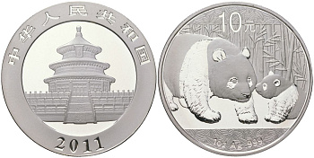 Китай 10 юаней 2011 панда с детенышем KM 1980 серебро BUNC 1080-4-43
