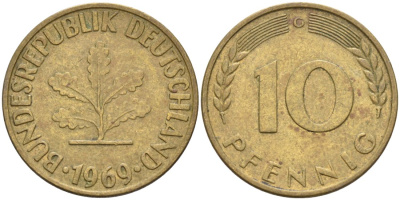 ФРГ 10 пфеннигов 1969 G KM 106 сталь плакированная латунью 4571-533
