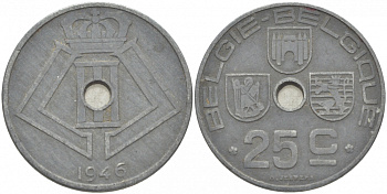 БЕЛЬГИЯ 25 САНТИМОВ 1946 BELGIE-BELGIQUE, ГЕРМАНСКАЯ ОККУПАЦИЯ, ВТОРАЯ МИРОВАЯ ВОЙНА KM 132 цинк 3996-723