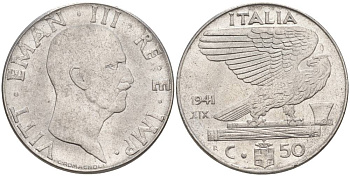 ИТАЛИЯ 50 ЧЕНТЕЗИМО 1941 R, ГОД XIX, ВИКТОР ЭММАНУИЛ III (1900-1946) KM 76b, VEM3. 1063 нержавеющая сталь 3853-323