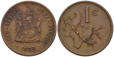 ЮАР 1 ЦЕНТ 1972 ГЕРБ, КАПСКИЕ ВОРОБЬИ KM 82 бронза 66-253