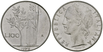 Италия 100 лир 1975 R, Афина у оливкого дерева KM 96.1 нержавеющая сталь 4137-225