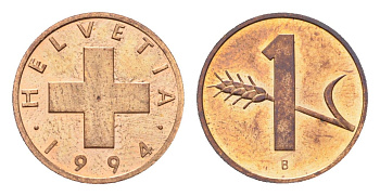 Швейцария 1 раппен 1994 B KM 46 бронза UNC 4708-318