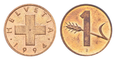 Швейцария 1 раппен 1994 B KM 46 бронза UNC 4708-318