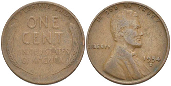 США 1 ЦЕНТ 1954 D, ЛИНКОЛЬН KM А132 медь цинк 218-1021