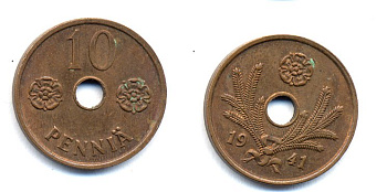 ФИНЛЯНДИЯ 10 ПЕННИ 1941 KM 33.1 медь 51-4937